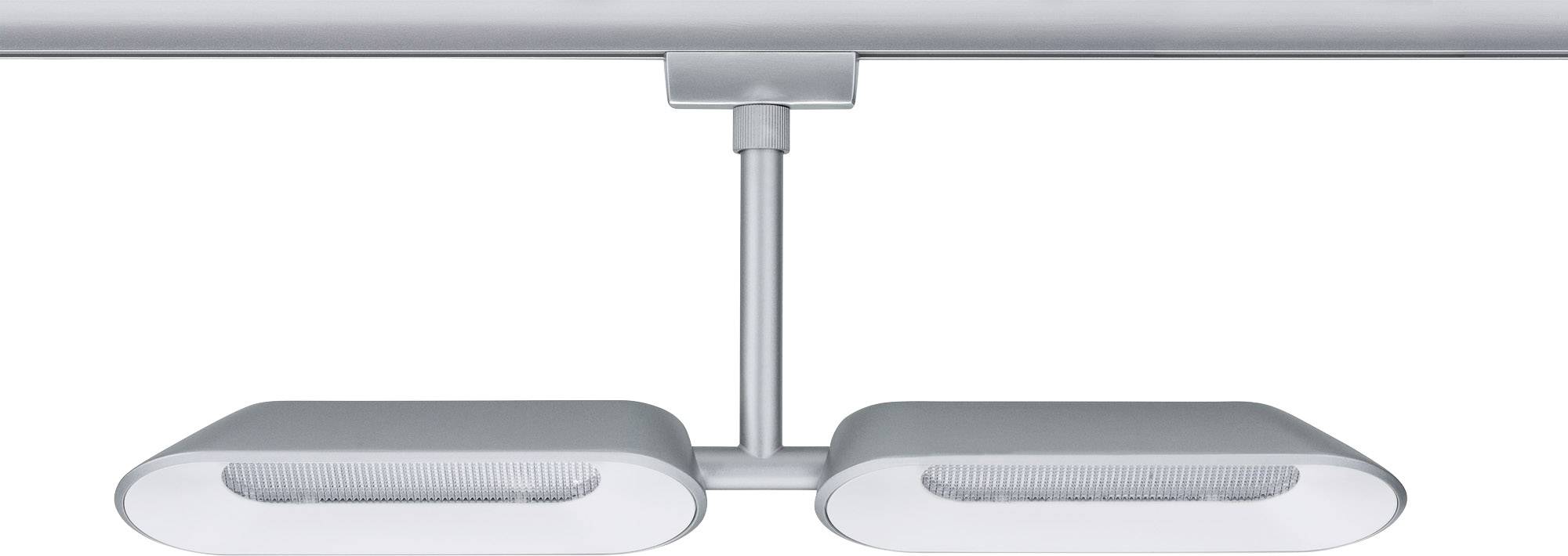 Dve moderné stropné svietidlá v obdĺžnikovom tvare, striebornej farby, s úzkymi vetracími štrbinami. Minimalistický dizajn.