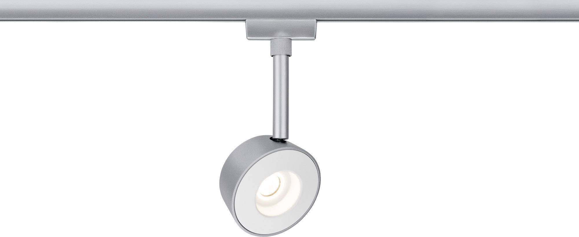Strieborný LED stropný reflektor namontovaný na lište s moderným dizajnom.