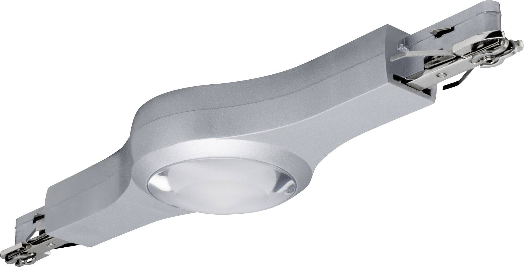 Strieborná LED podhľadová lampa so zaobľovaným dizajnom a upevňovacími svorkami na oboch koncoch, vhodná na montáž na strop alebo stenu.