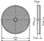 Technický výkres okrúhlej mriežky s rozmermi: priemer 50 mm, hĺbka 2,5 mm. Zobrazené bočný a čelný pohľad.