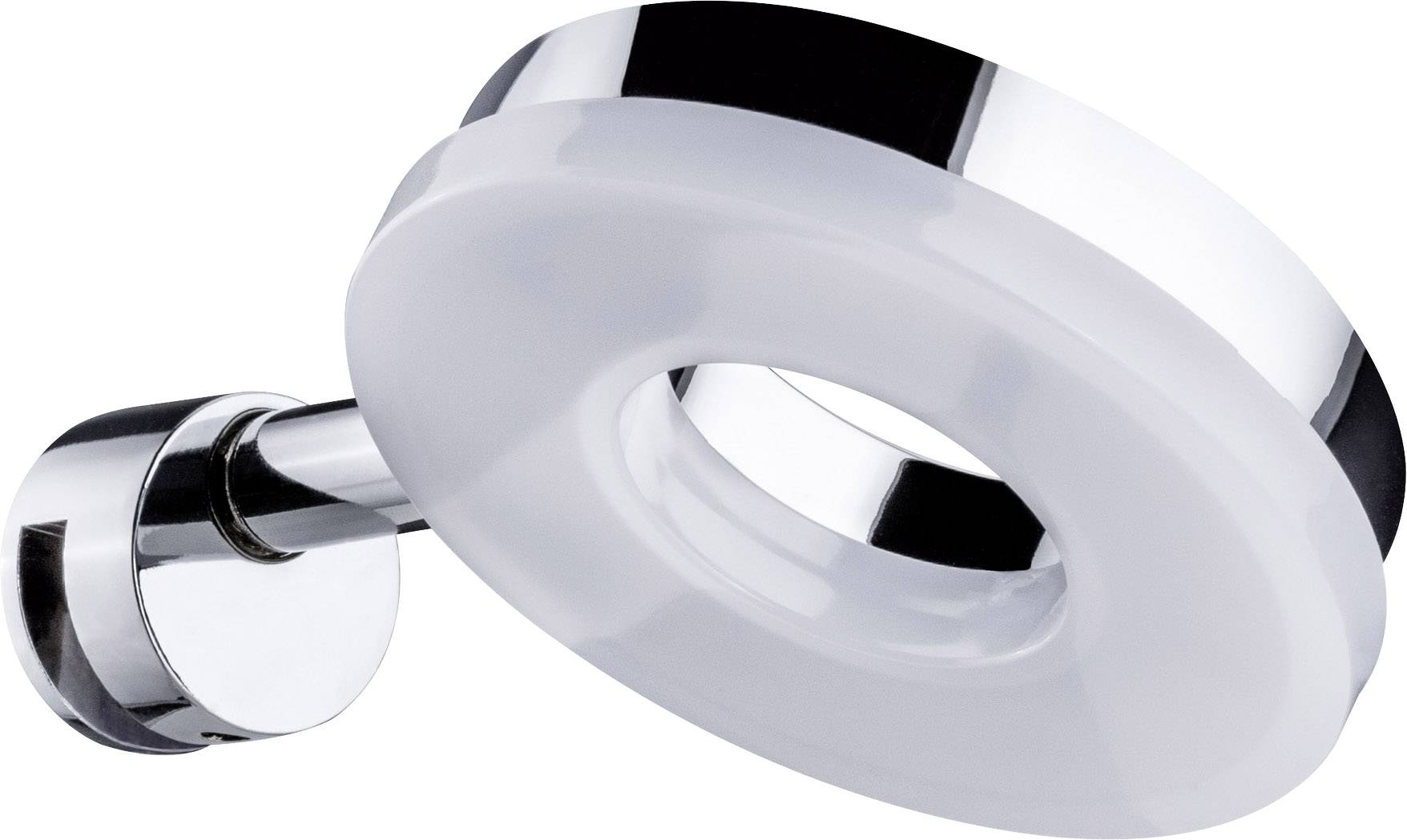 Okrúhle, moderné LED-nástenné svietidlo z chrómu a mliečneho skla s elegantným dizajnom, vhodné do súčasných interiérov.