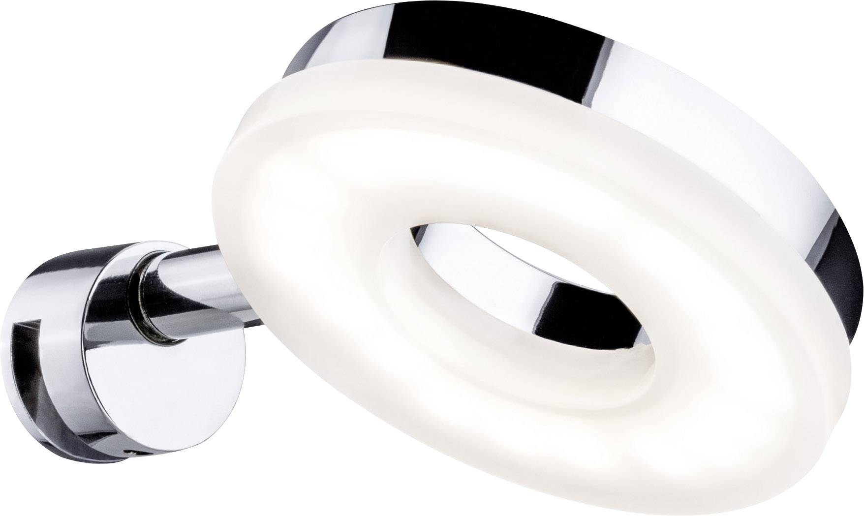 Moderná, okrúhla LED nástenná lampa z chrómu s prstencovitým svetelným telesom, upevnená na nástennom držiaku.