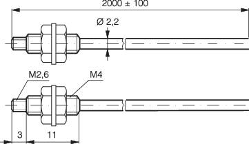 Technický výkres valcovej kovovej tyče s rozmermi; dĺžka: 2000 ± 100 mm, priemer: 2,2 mm, závit: M2,6 a M4.