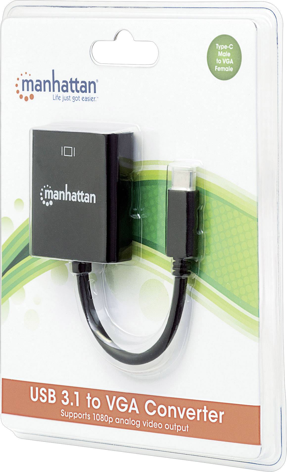 Balenie USB 3.1 na VGA prevodníka značky "Manhattan", vhodného pre video výstup v rozlíšení 1080p, s USB-C konektorom.