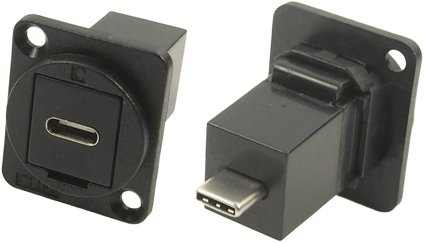 Dva čierne USB-C konektory so štvorcovým prírubovým lemom a montážnymi otvormi pre skrutky, ideálne na panelové inštalovanie.