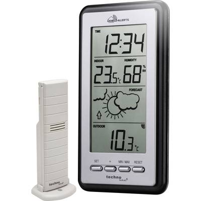 Elektronický teplomer s časom 12:34, vnútorná teplota 23,5°C, vlhkosť vzduchu 68%, predpoveď počasia slnečno-oblačno, vonkajšia teplota 10,3°C.