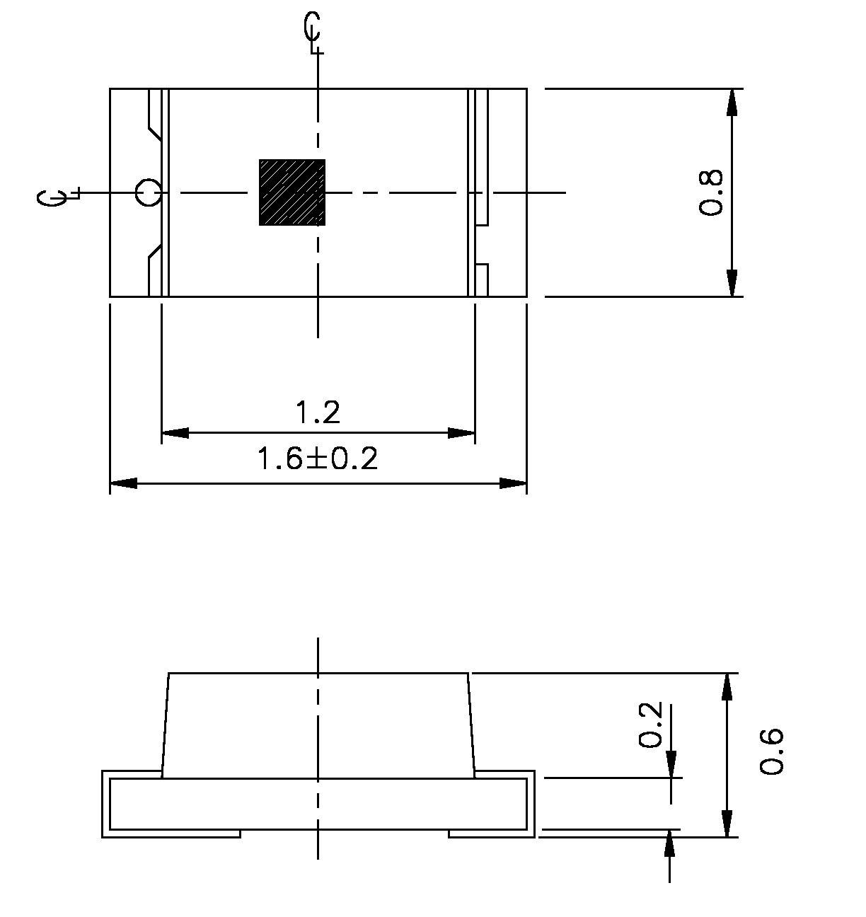Technický výkres súčiastky s rozmermi. Hore: Obdĺžnik s rozmermi 0,8 a 1,6±0,2 cm. Dole: Priečny rez s výškou 0,6 cm.
