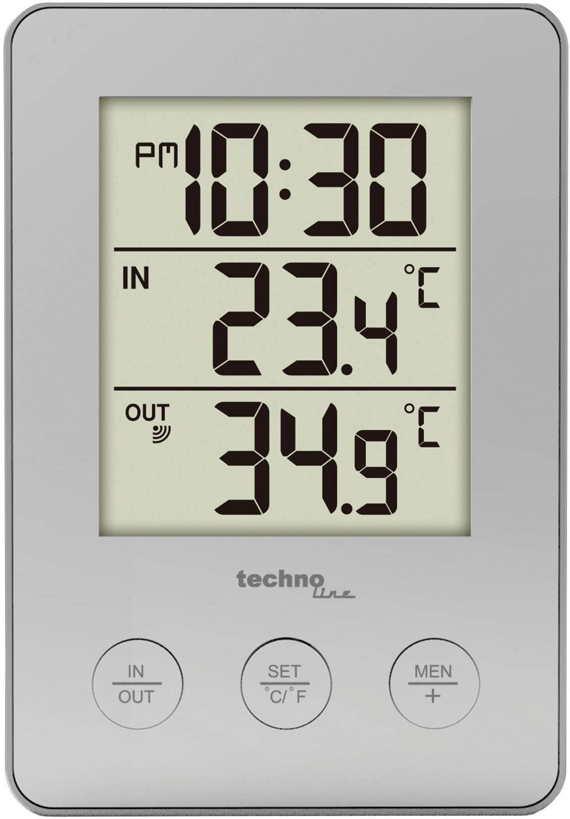 Digitálny teplomer s časom '10:30 PM', vnútornou teplotou '23,4°C' a vonkajšou teplotou '34,9°C'. Tlačidlá: 'IN/OUT', 'SET °C/°F', 'MEN'.