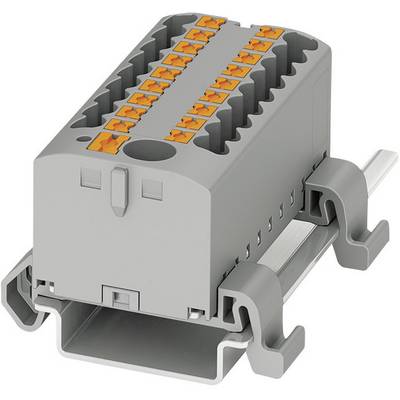 Šedý elektrický spojovací prvok s viacerými konektormi, namontovaný na kovovej lište.