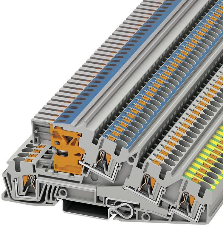 Viacposchodové radové svorky s technológiou push-in a skrutkového pripojenia, označené oranžovou a zelenou farbou, v sivom držiaku.