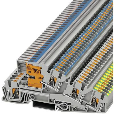 Viacposchodové radové svorky s technológiou push-in a skrutkového pripojenia, označené oranžovou a zelenou farbou, v sivom držiaku.