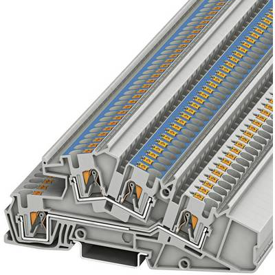 Zostava sivých radových svoriek s modrými a oranžovými prvkami, ktoré sa používajú na zapojenie v elektrických rozvádzačoch.