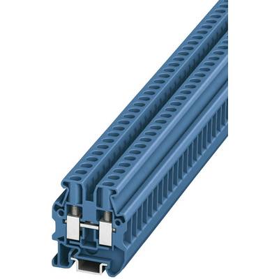 Modrý radový svorkovnicový blok s viacerými pripojovacími svorkami, používaný v elektrických rozvádzačoch na prepojenie vodičov.