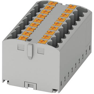 Sivý elektrický pripojovací modul s oranžovými svorkami na vrchu; slúži na organizáciu a prepájanie káblov v rozvádzačoch.