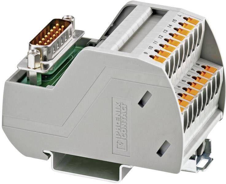 Šedý elektronický konektor s viacerými pripojovacími svorkami a 15-pólovým prepojovacím prvkom.