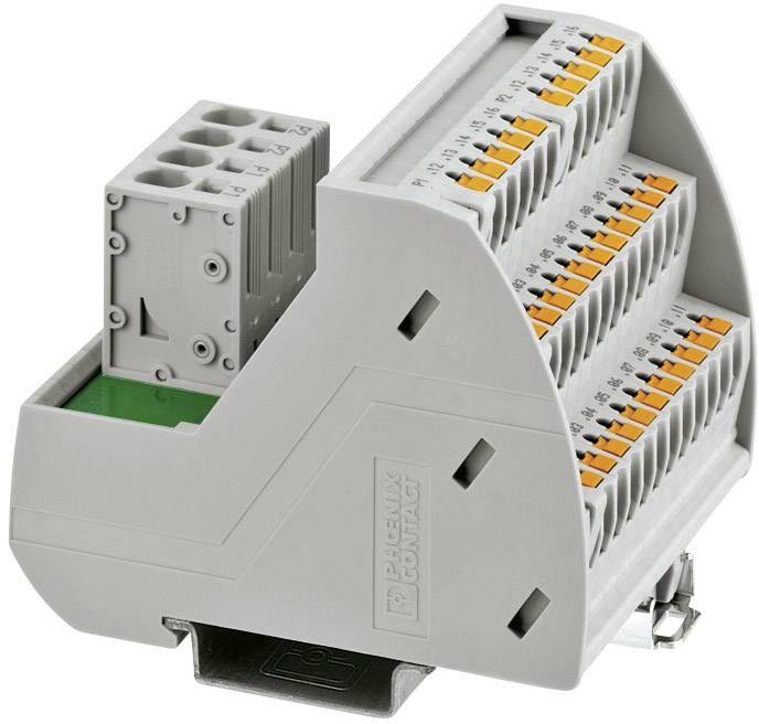 Sivý elektrický svorkovnicový konektor s viacerými pripojovacími miestami, z ktorých každé je vybavené oranžovými pákami.