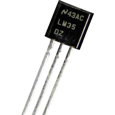 Výrez obrázku elektronického teplotného senzora typu LM35 s tromi striebornosivými pripájacími kolíkmi a čiernym puzdrom.