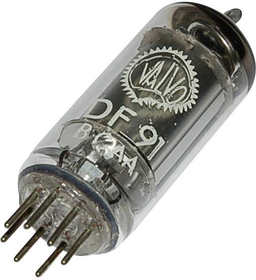 Stará elektronická dióda s nápisom 'DF91', na ktorej sú dole kovové kolíky a hore logo.