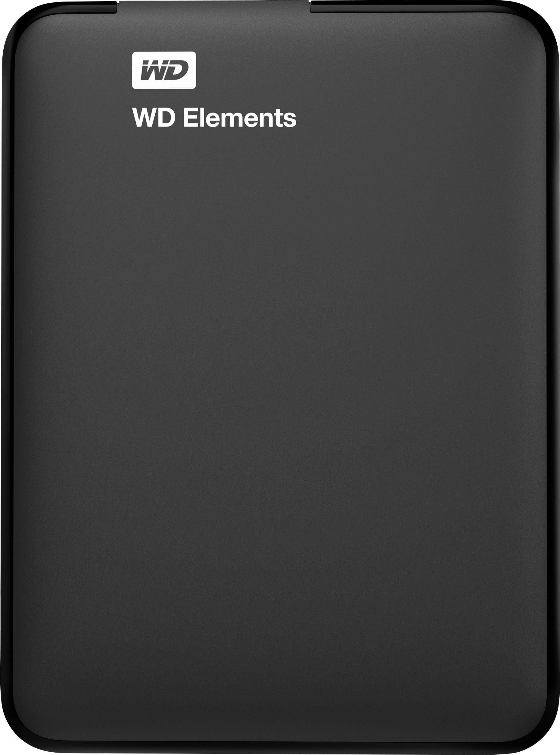 Čierna externá pevná disk značky WD Elements, obdĺžnikového tvaru so zaoblenými rohmi. Ideálny na dodatočné ukladanie dát.
