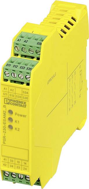 Žlté bezpečnostné relé od Phoenix Contact, model PSR-SCP-24DC/ESM/2LB. Má niekoľko zelených konektorov a LED diódy na indikáciu stavu.