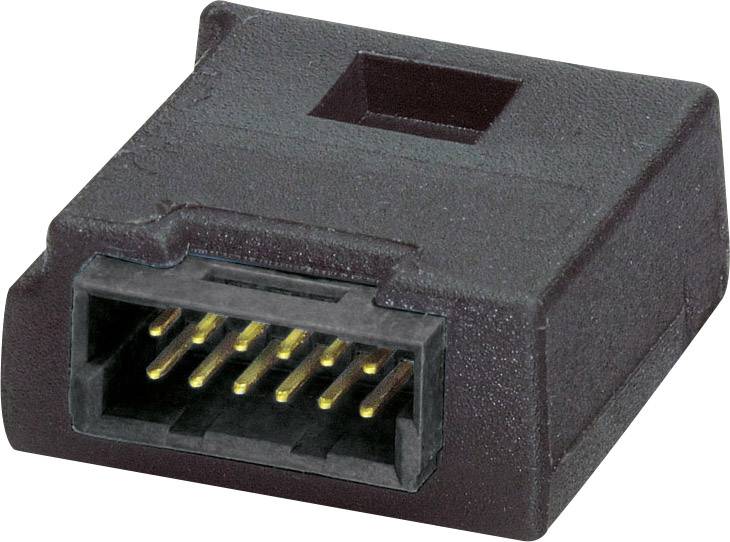 Čierny elektronický konektor s viacerými zlatými kontaktnými kolíkmi, ktorý sa používa na prenos dát.