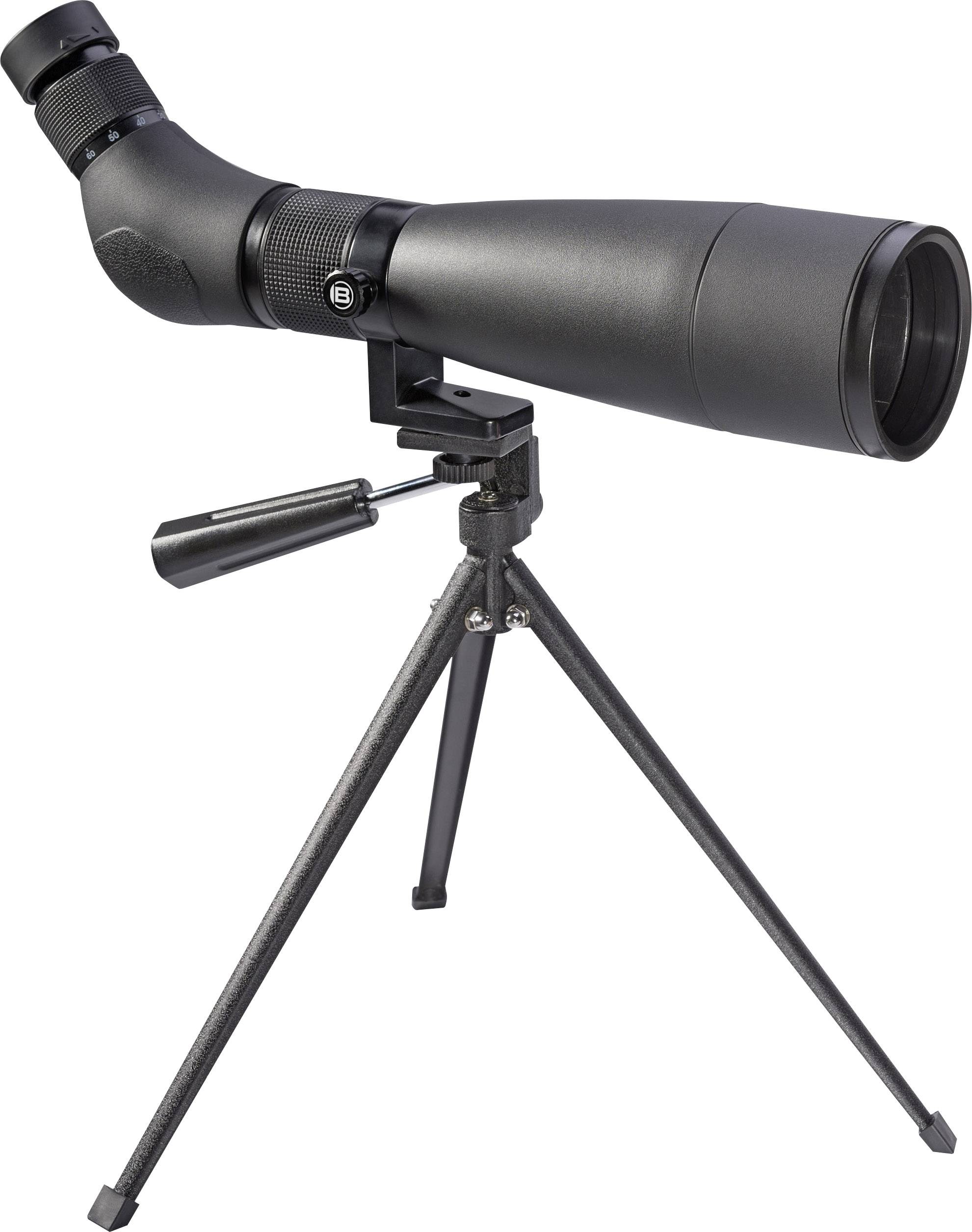Čierny ďalekohľad na stojane, šikmo nasmerovaný pre astronomické alebo krajinné pozorovania.