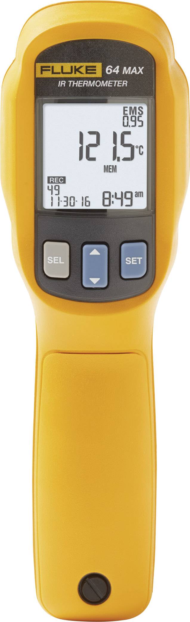 Ručný infračervený teplomer s digitálnym displejom, merací 121,5°C.