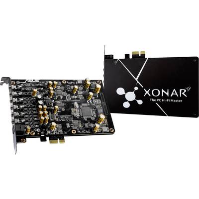 Zvuková karta s čiernou doskou a viacerými rozhraniami, s nápisom 'XONAR - The PC Hi-Fi Master'. Vhodná pre vylepšenie zvuku.