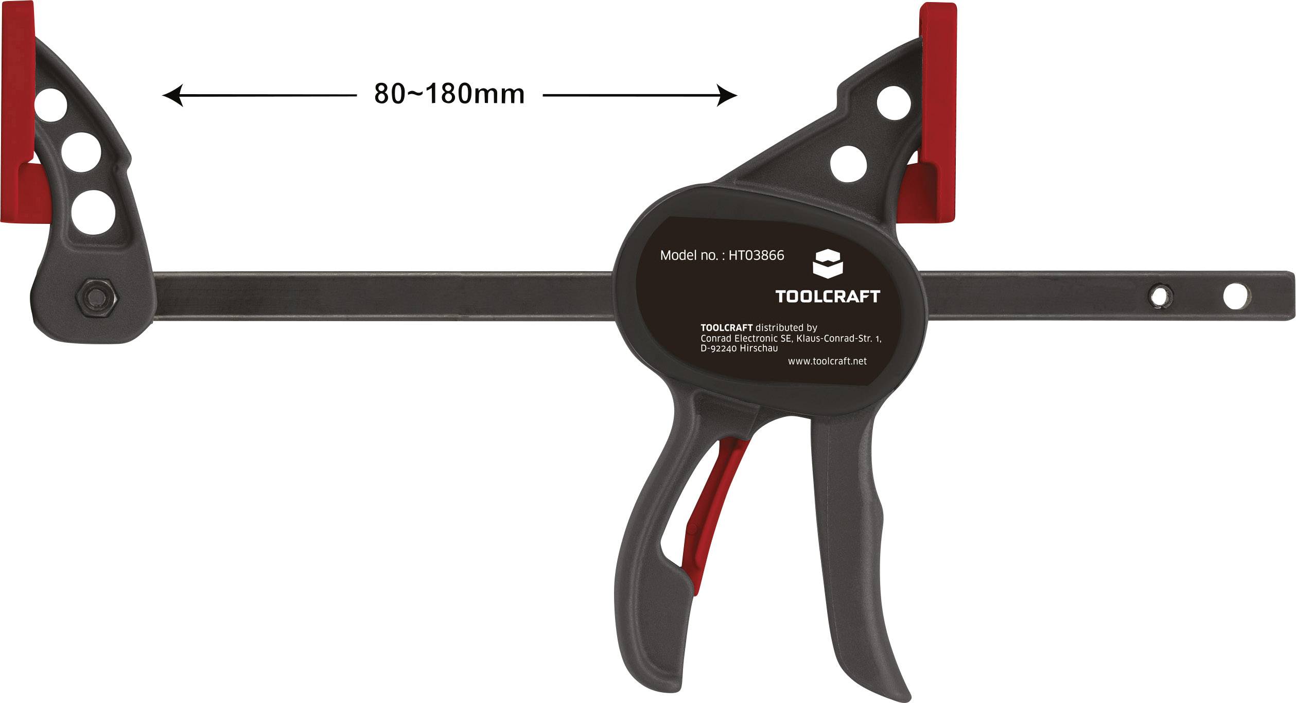 Čierny upínací strmeň s červenou rukoväťou, s nápisom 'TOOLCRAFT', rozpätie 80–180 mm. Strmeň možno použiť na upevnenie materiálov.