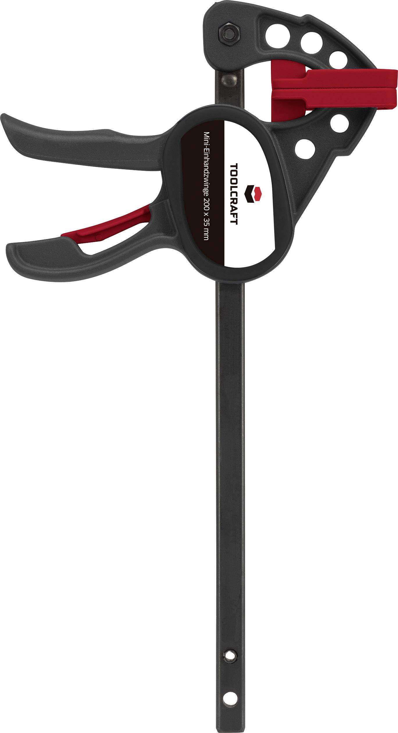 Čierna rýchloupínacia svorka s červeným držadlom a pákou. Nápis: 'TOOLCRAFT Max. upínacia sila 200 kg, 315 mm'.
