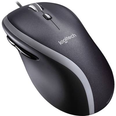 Čierna počítačová myš so striebornými akcentmi a rolovacím kolieskom, označená logom 'Logitech' na hornej strane.