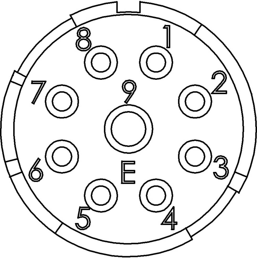 Diagram ôsmopólového päticového soketu s centrálnym otvorom označeným písmenom 'E'. Výstupy sú očíslované od 1 do 8.