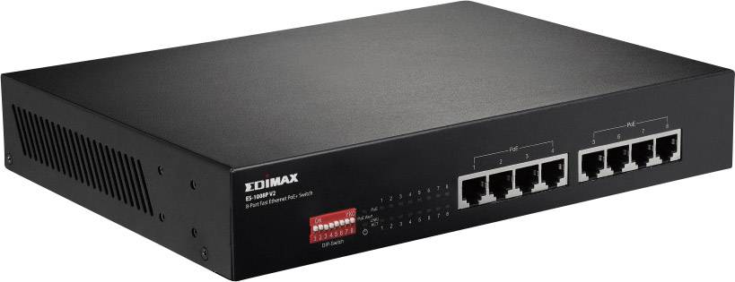 Čierny sieťový prepínač EDIMAX s ôsmimi ethernetovými portami na prednej strane, vhodný pre IT infraštruktúru.