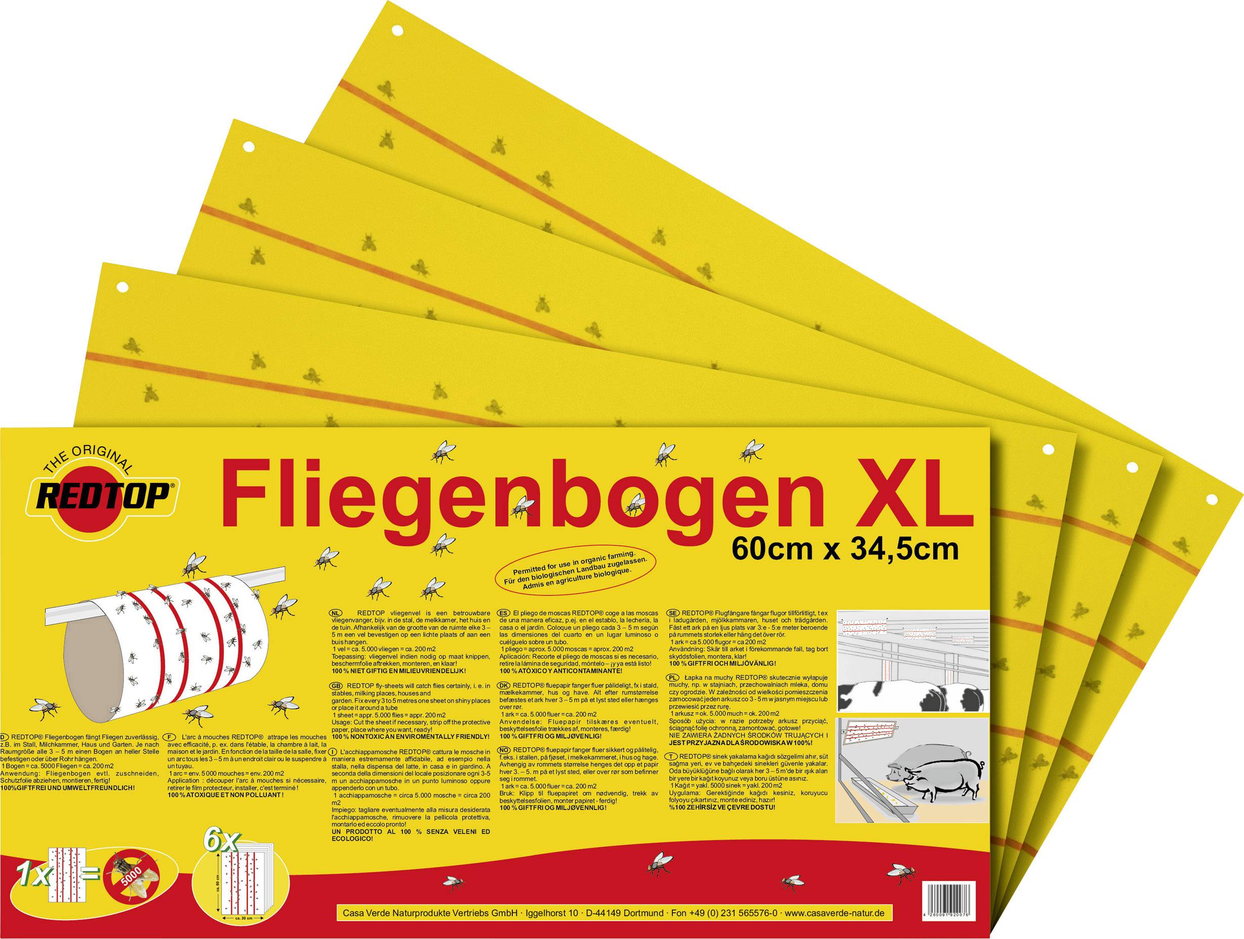 "Fliegenbogen XL 60 cm x 34,5 cm" je veľký žltý lapač múch s červenými značkami, ktorý zachytáva a likviduje muchy.