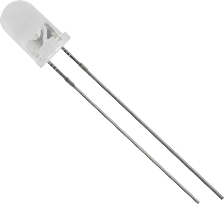 Detailný záber priehľadnej LED diódy s dvoma kovovými nožičkami, ktorá sa používa pri výrobe elektronických obvodov.