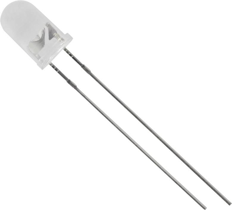 Jednotlivý LED komponent s dvoma dlhými kovovými vývodmi, vhodný pre elektronické obvody a svetelné aplikácie.