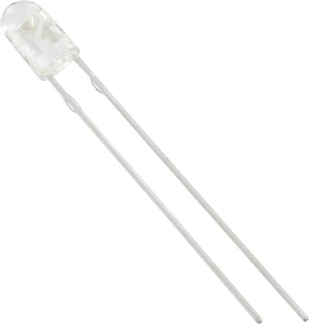 Priehľadná LED dióda s dvoma dlhými, tenkými pripájacími pinmi určená na použitie v elektronických obvodoch.