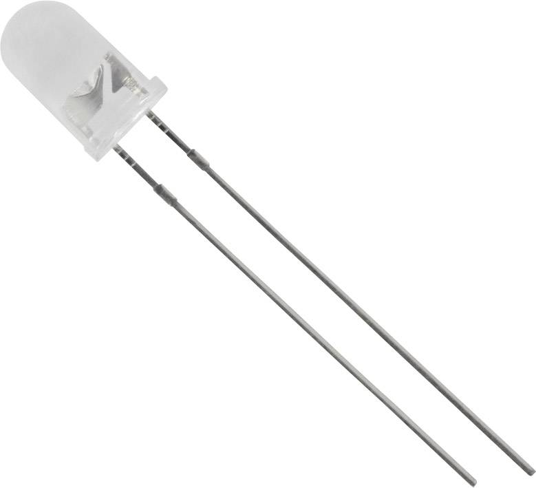 Jedna LED dióda v priehľadnom obale s dvoma dlhými kovovými vývodmi sa často používa v elektronických zariadeniach.