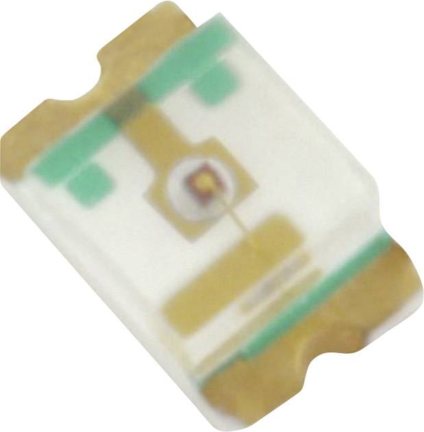 Malá elektronická súčiastka obdĺžnikového tvaru, pravdepodobne LED čip s centrálnym kontaktným bodom a vodivými dráhami.