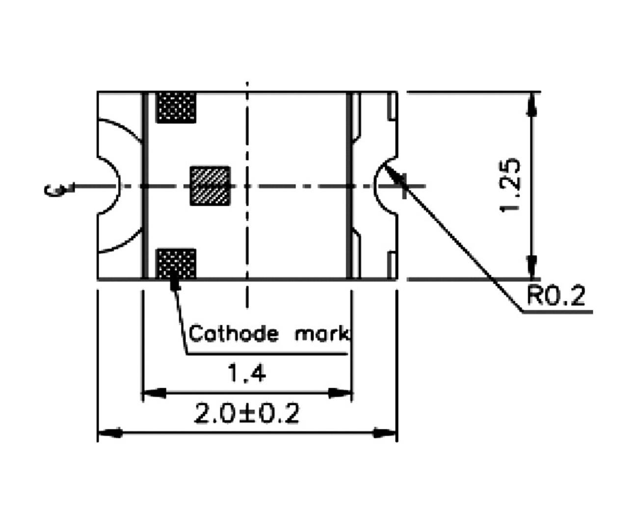 Technický výkres elektronickej komponenty s rozmermi. Označený ako 'Cathode mark', šírka 2,0±0,2 mm, výška 1,25 mm.