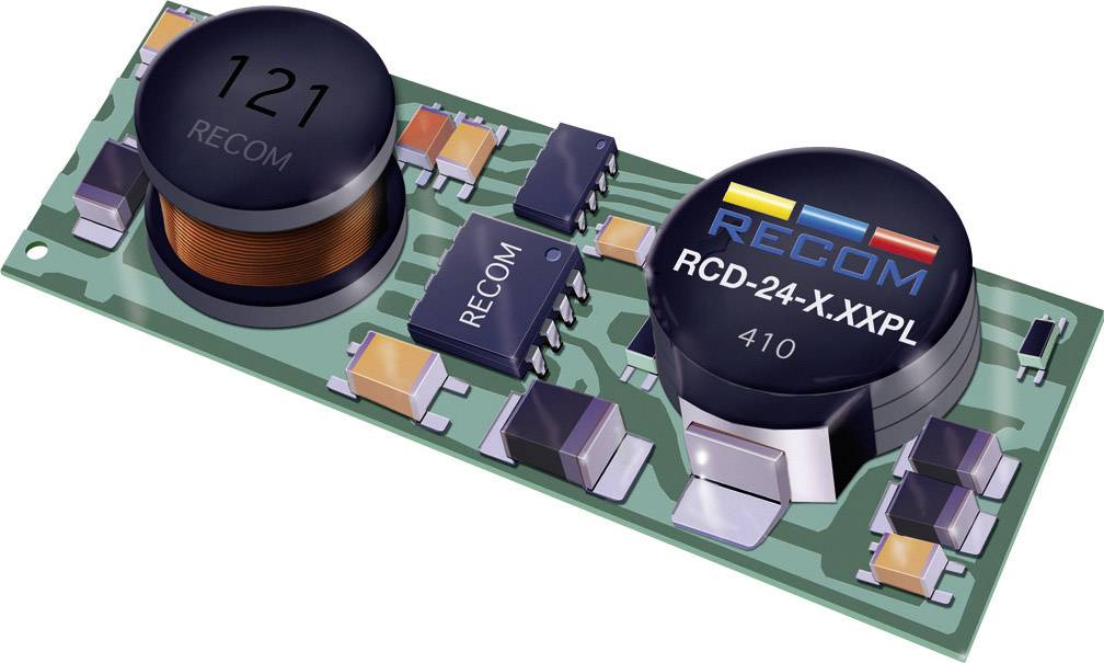 Mikroelektronický komponent: Zelená doska s cievkou, kondenzátormi a čiernym valcom s nápisom "RECOM RCD-24-X.XXPL".