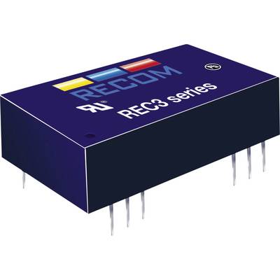 Obdĺžnikový komponent s označením 'RECOM REC3 series', zobrazujúci farebné pruhy na hornej strane. Elektronická súčiastka s kolíkmi.