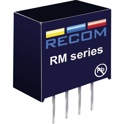 Čierna elektrická súčiastka s nápisom 'RECOM RM series' a štyrmi kovovými kolíkmi na spodnej strane. Firemné logo hore.