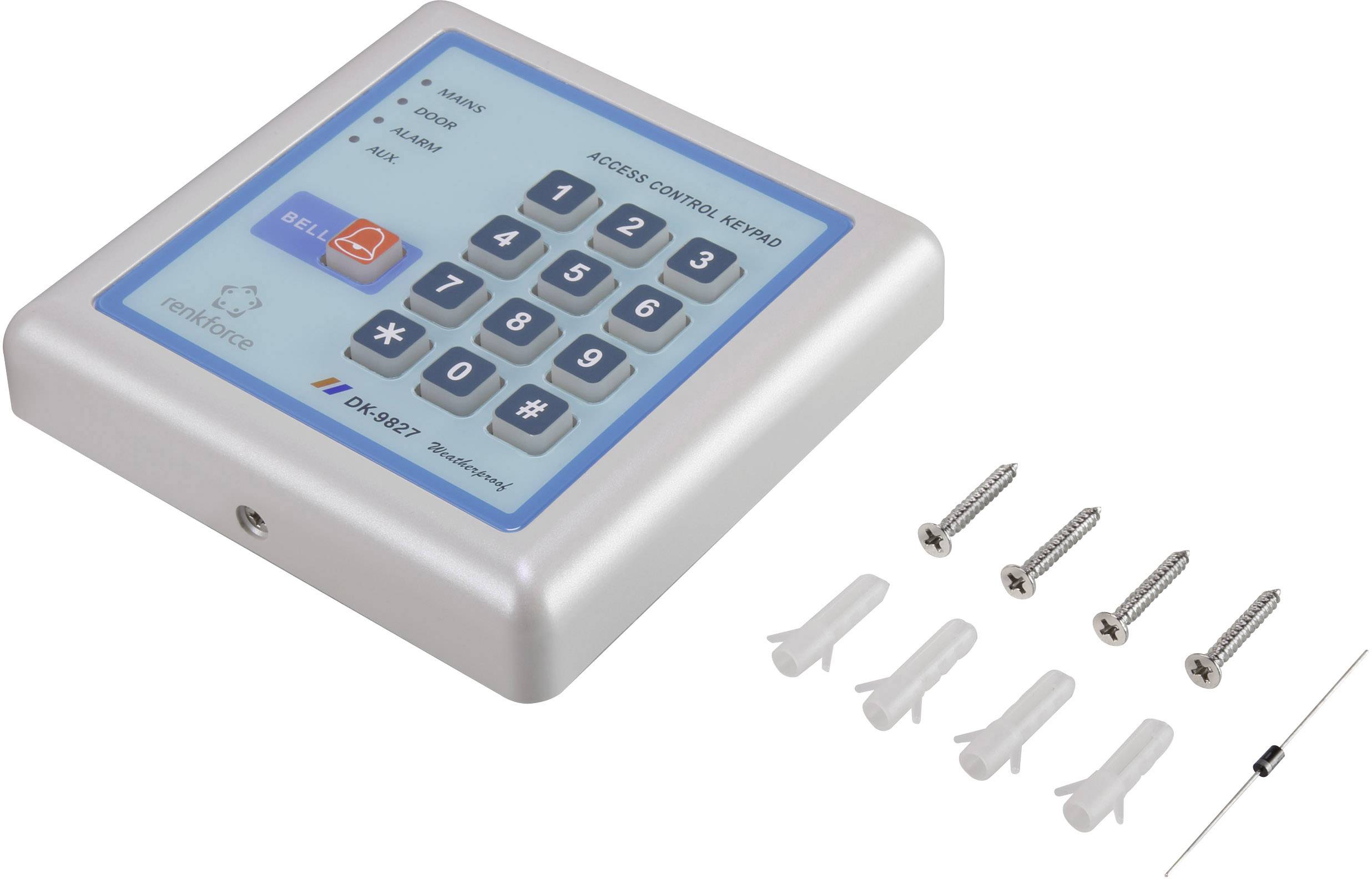 Numerický panel kontroly prístupu s klávesnicou, osvetleným tlačidlom 'BELL' a príslušenstvom ako sú skrutky a hmoždinky na montáž.