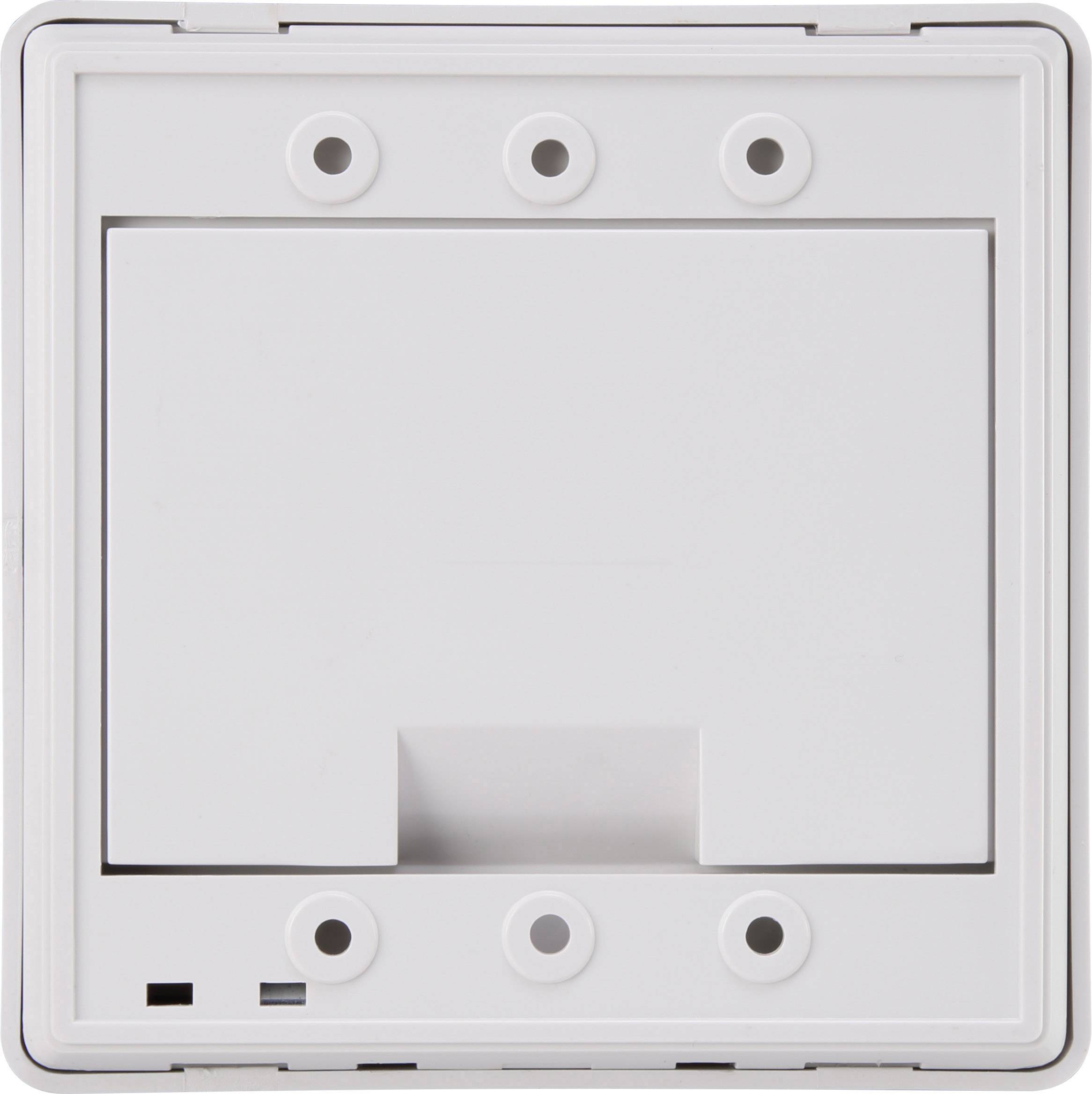 Biely plastový kryt štvorcového tvaru s niekoľkými kruhovými otvormi a obdĺžnikovými výrezmi, pravdepodobne určený pre zásuvku alebo vypínač.