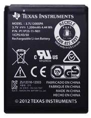 Lítiovo-iónový akumulátor od Texas Instruments, model 3.7LI2005PA, 3,7V, 1200mAh, vyrobený v Číne, obsahuje symboly recyklácie.