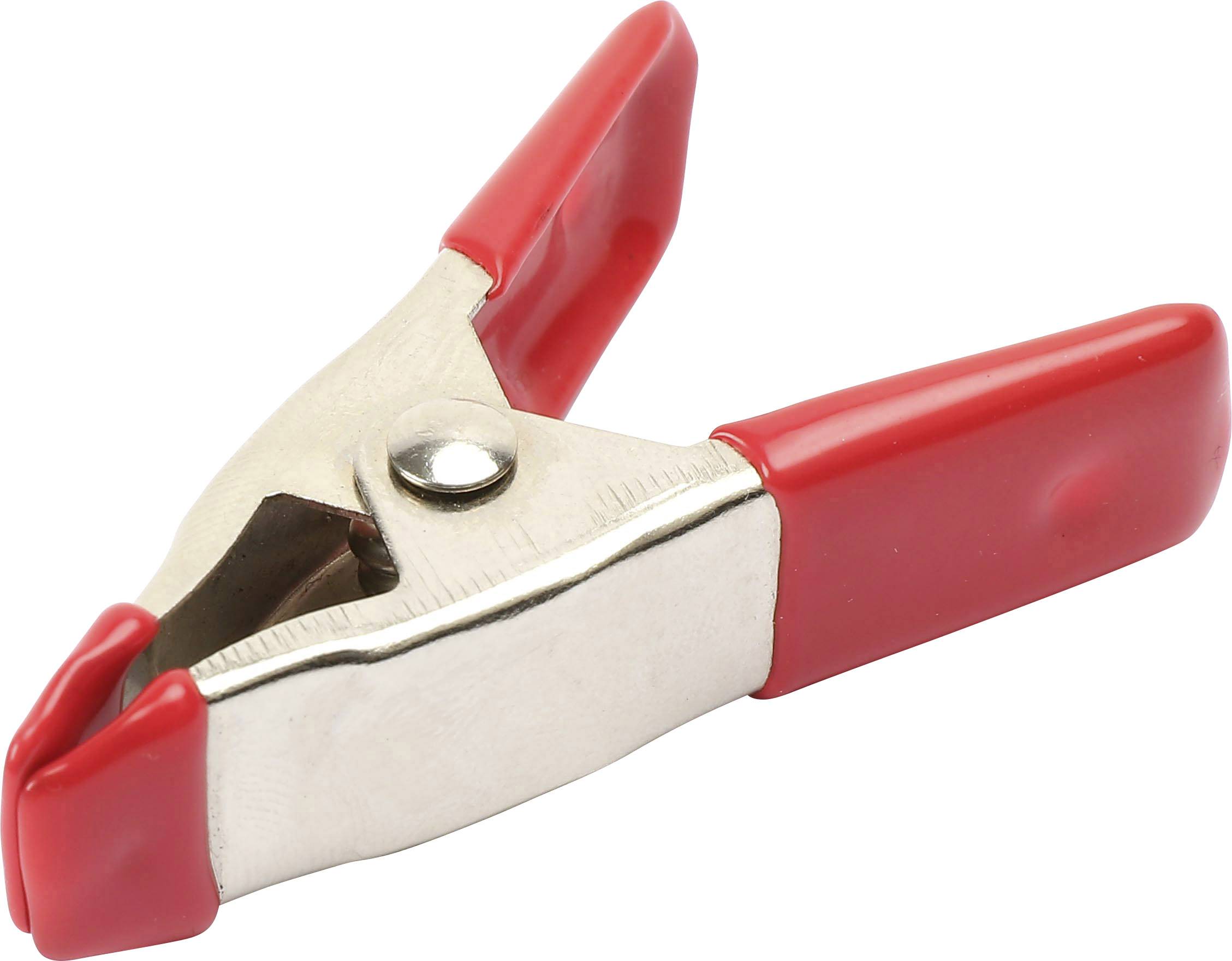 Na bielom povrchu leží otvorená strieborná kovová svorka s červenými plastovými úchytmi.