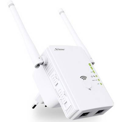 Biely WiFi repeater s dvoma anténami a niekoľkými zelenými indikačnými svetlami. Nápis 'STRONG' a symboly sily signálu.