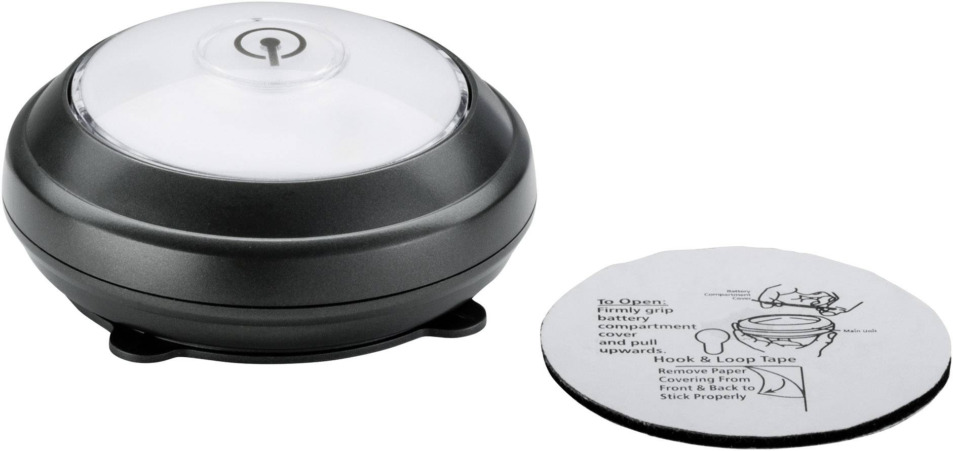 Bezdrôtová LED lampa s tlačidlovým spínačom a okrúhlym upevnením. Obrázok znázorňuje návod na upevnenie pomocou suchého zipsu.