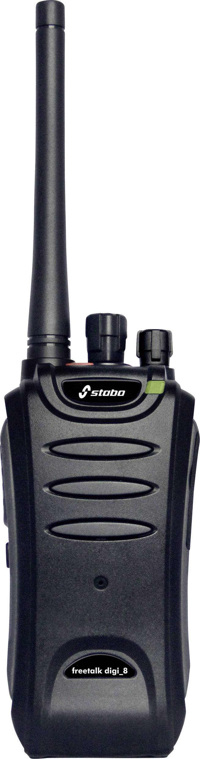Prenosná rádiová stanica so anténou a ovládacími tlačidlami na hornej strane, značky 'Stabo', model 'freecom digi 8'.